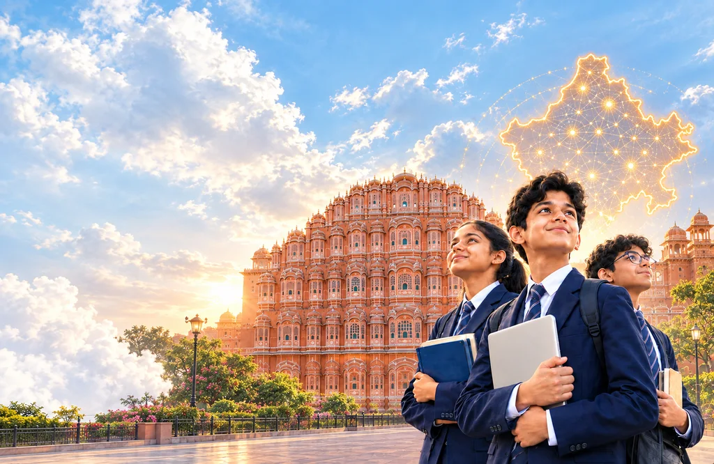 Students at Hawa Mahal with a glowing map of Rajasthan